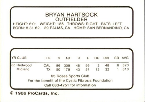 1986 Midland Angels ProCards 9 Brian Hartsock San Bernardino California CA Card EBay