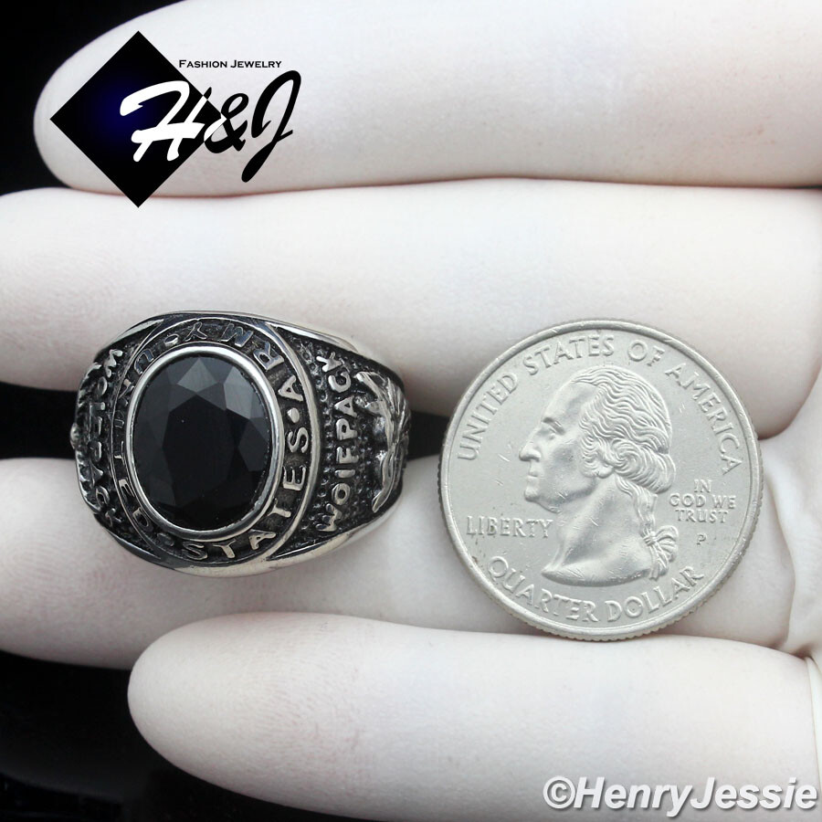 MEN Stainless Steel US Army Military Black Onyx Silver/Black Plated ...