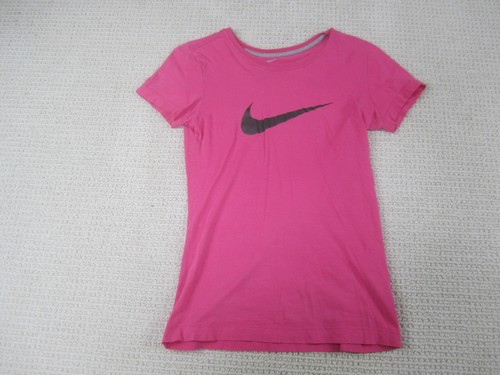Nike Shirt Womens Small Pink Sportswear Slim Fit Crew Neck Black Swoosh Graphic