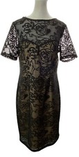 ADRIANNA PAPELL Women Knee Length Lace Overlay Short Sleeve Dress Sz 12 Black