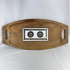 RARE Vtg GEORGES BRIARD 21" x 10" MCM Wood & Tile Footed Cheese Charcuterie Tray