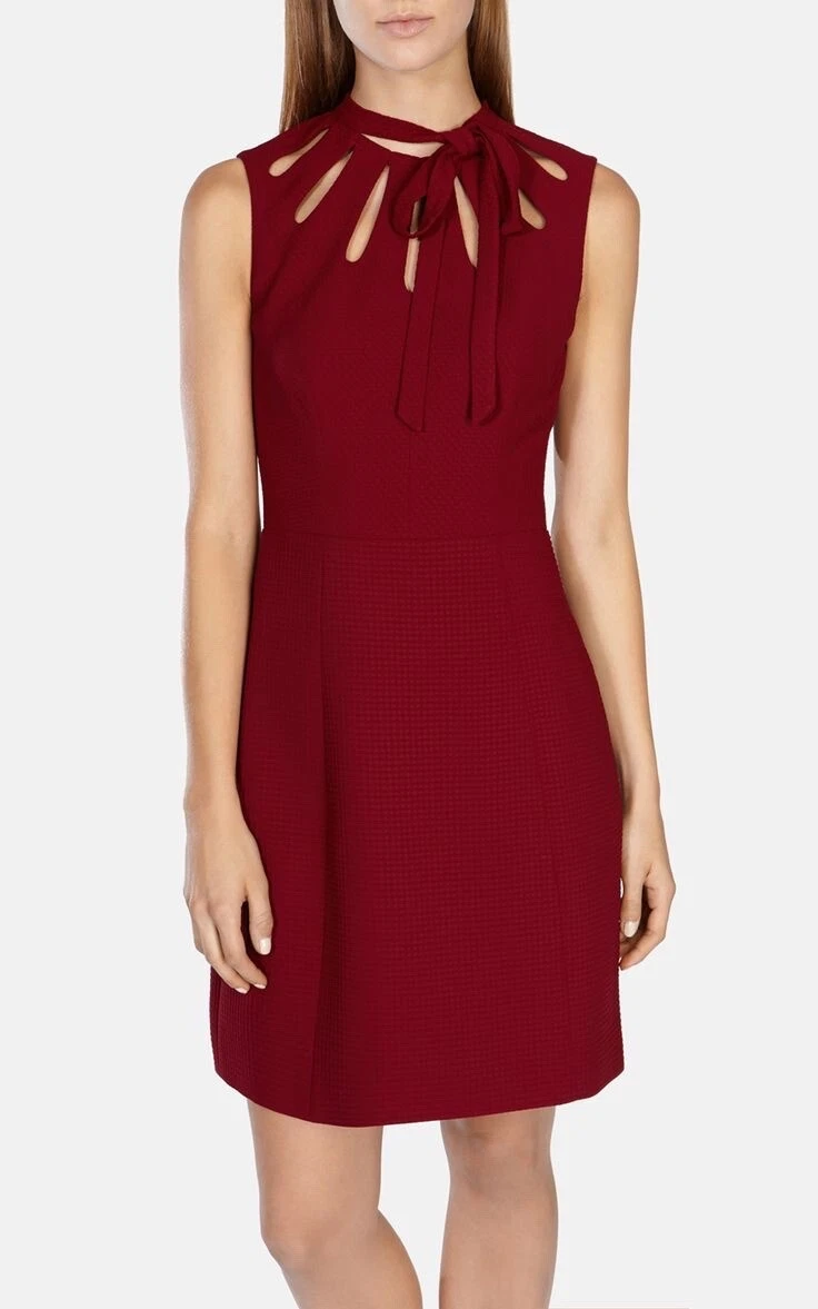 Karen Millen Burgundy Tie Neck Sheath Dress Size 4 eBay