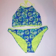 Joe Boxer Bikini Swim Set Top & Bottom Blue Yellow Tie Dye Crop New