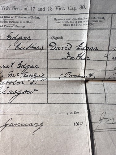1879 birth certificate from Glasgow Tailor, Edgar, - Picture 3 of 6