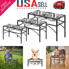 Stainless Steel Pet Dog Feeder Food/Water Holder Elevated Raised Double Bowl NEW