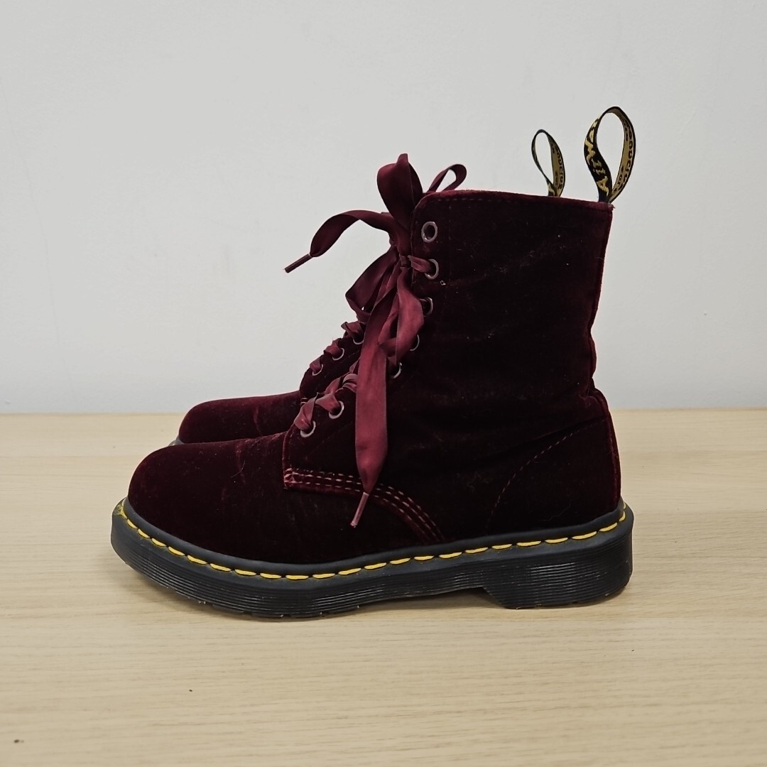 Dr Martens 1460 Pascal Red Cherry Soft Crushed Velvet Ankle Boots Size Uk