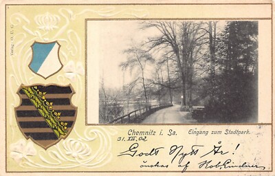 Germany 1902 Chemnitz i Sa Eingang zum Stadtpark Coat of Arms embossed postcard
