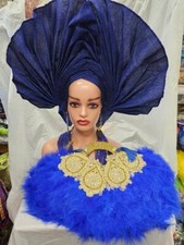 Royal Blue African Bridal Feather Hand Fan
