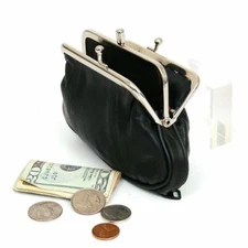 Black Genuine Leather Woman Coin Purse Double Frame Change Wallet 