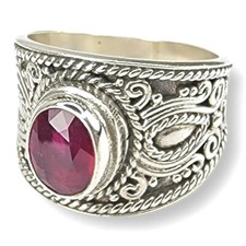 Vintage 925 Sterling Silver Faceted Solitaire Vivid Red Ruby Design Ring Size 6