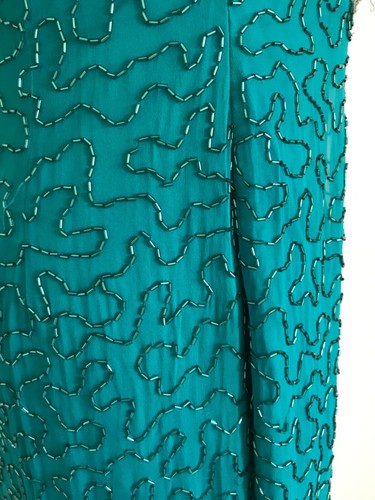 Alyce Heavily Beaded Green Silk Dress, Sequins 90’s Glam 14, Yoke Neck Sparkle - Picture 10 of 13