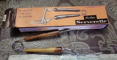 Vintage Hostess Serverette 346 Meat Fork Bakelite Handles Sliding Removal NOS