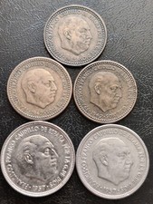 2 1957 5 PTAS Coins, 1 1953 and 2 1947 Una Peseta Coins. Collectible World Coin