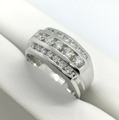 14K White Gold Finish 1CT Round Simulated Diamond 3-Row Men’s Channel Band Ring - Picture 4 of 4