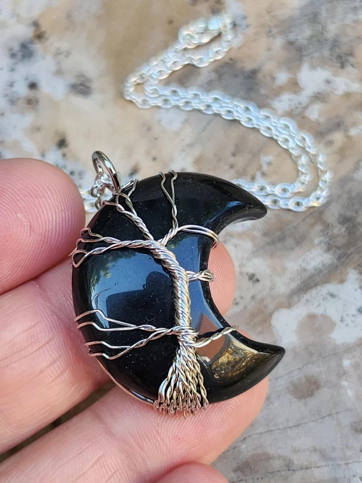 Árbol de la Vida Obsidiana Luna Colgante 20" Collar Media Luna Alambre Envuelto Joyería Foto 3 de 4