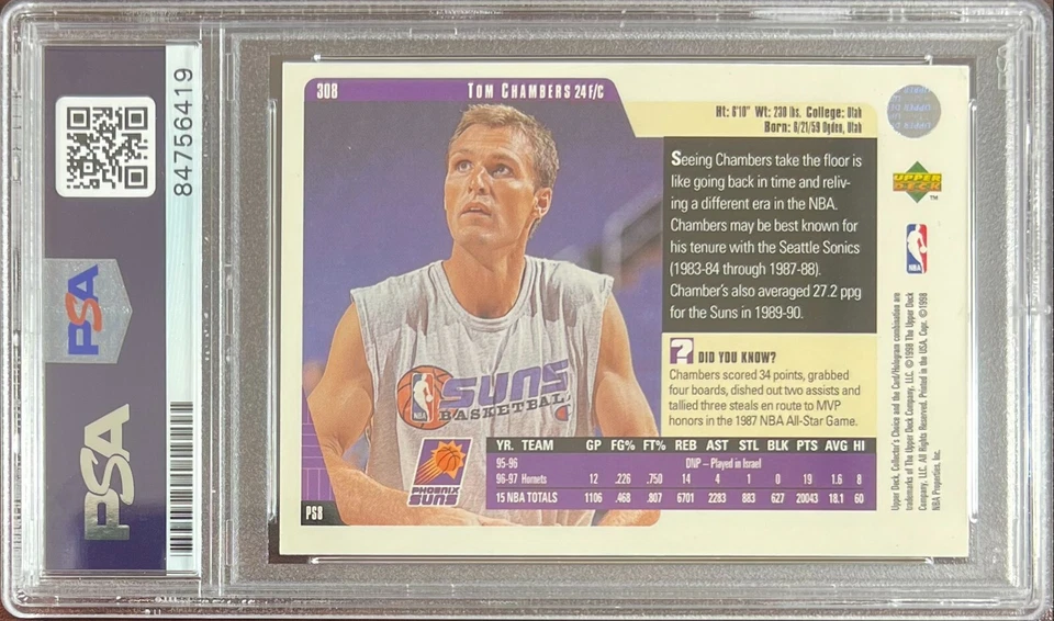 Tom Chambers auto 1998 Upper Deck #308 card Phoenix Suns PSA Encapsulated - Image 2 of 3