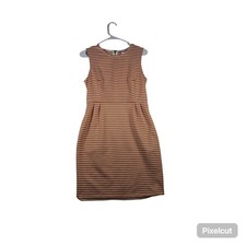 Esley Shift Dress Womens M Orange White Striped Pleated Sleeveless Round Neck