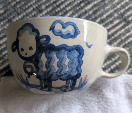 M A Hadley Pottery Mug Coffee | Soup Cup Sheep, The End Inside Bottom Folk Art