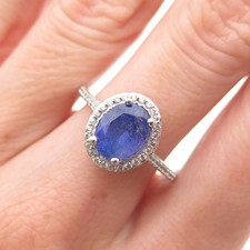 925 Sterling Silver Real Oval-Cut Tanzanite  White Topaz Ring Size 8