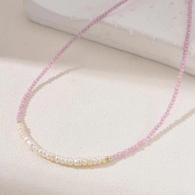 Collar de perlas blancas y cuarzo rosa facetado redondo 2-3 mm múltiples cuentas de piedras preciosas 24" Foto 2 de 4