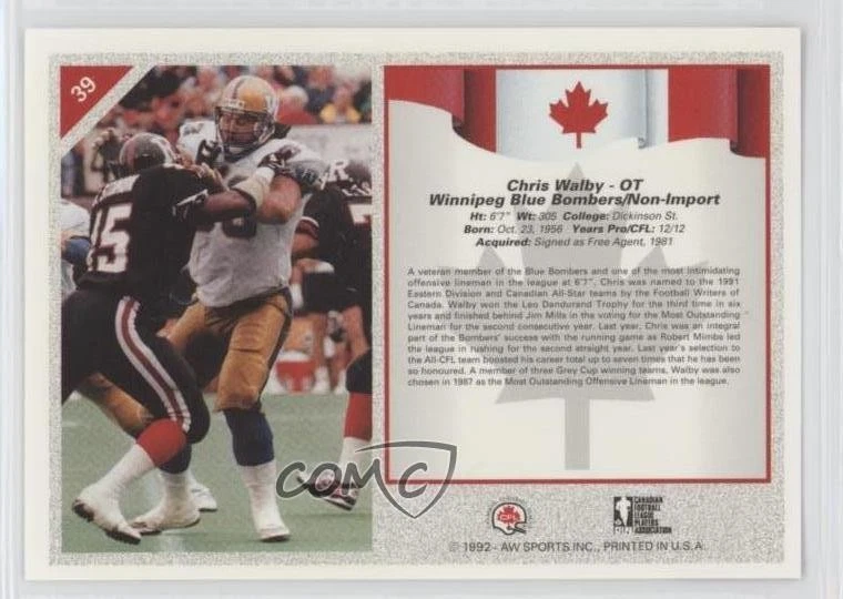 1992 All World CFL Foil Chris Walby #39 - Image 2 of 2