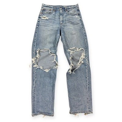 American Eagle Jeans Women's 6 Blue Light Wash Distressed High Rise Straight Leg