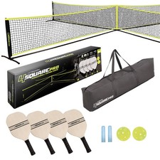 4-Square Pro Combo Game, 2-in-1 Portable Pickleball Set with 4 Wooden Paddles...