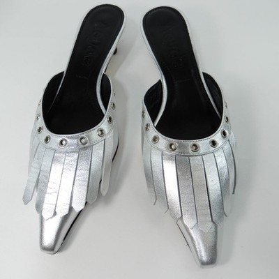 AEYDE Tania Kiltie Fringe Mule Kitten Heels EU 36 5 5.5 Silver Leather NEW $395
