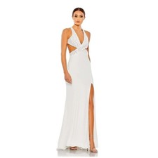 Mac Duggal 68166 White Floral Sequined Criss cross Bodice Gown Sz 8 NWT