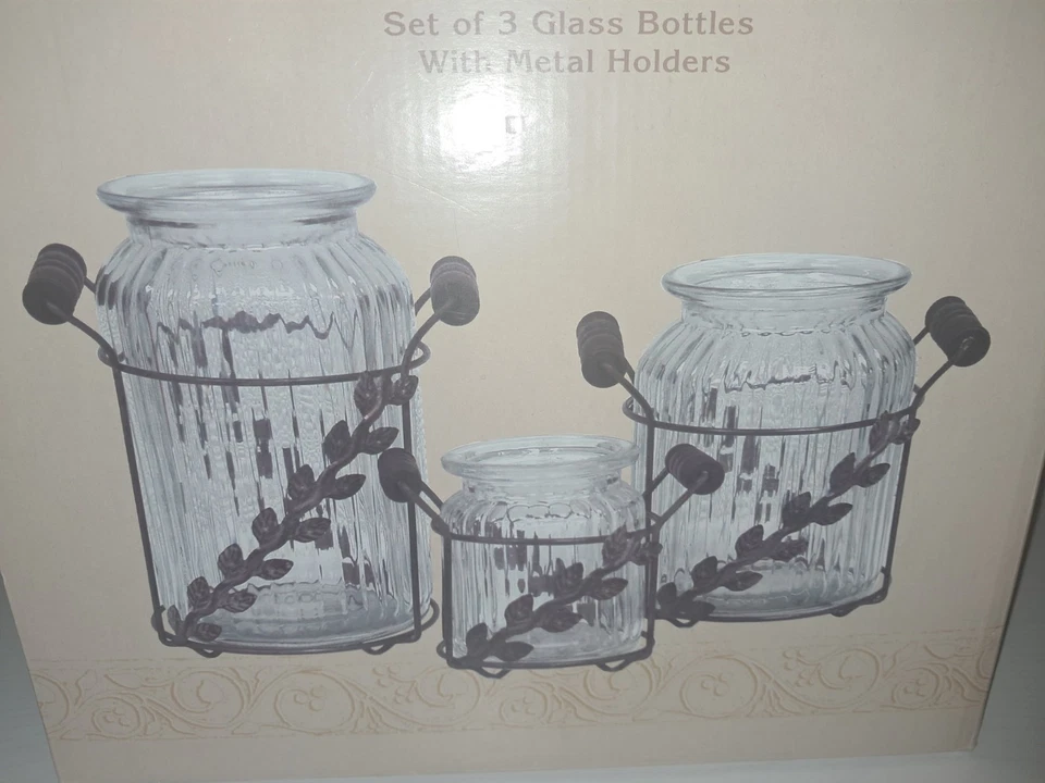 3 frascos en soporte anillado de metal con mango decoración de granja asas de madera Foto 2 de 4