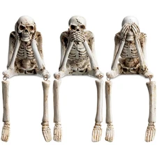 Set of 3 Halloween Statues See Speak Hear No Evil Skeleton Figurines Realisti...