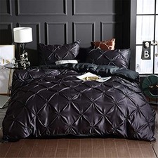 Pinch Pleated Duvet Cover Set Black Full Size Silk Like Satin Pintuck Bedding