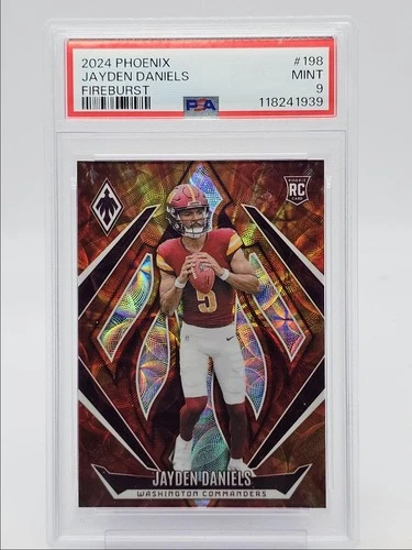 JAYDEN DANIELS 2024 PHOENIX ROOKIE FIRE BURST COMMANDERS RC /350 PSA 9 Q1300