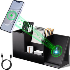 Pen Organizer with Phone Stand,Black Vegan Leather Desk Organizers with Remote C