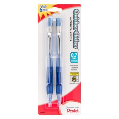 Pentel Quicker Clicker Mechanical Pencil (0.7mm) Transparent Blue Barrel 2-Pk
