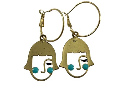 Gold Tone Face Outline Dangle Earrings Blue Cheeks Whimsical Retro Mod Style