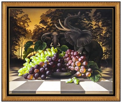 Ilene Meyer Large Oil Painting On Canvas Still Life Elephant Signed Framed Art