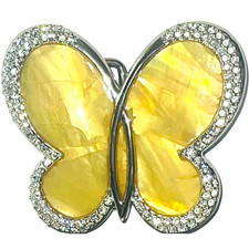 Rhinestone Butterfly Belt Buckle Statement Silver Tone Yellow Shell Big Fashion