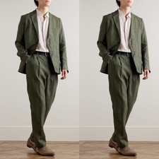 Linen Mens Suit Dark Green Groom Tuxedo Party Summer Beach Casual Blazer Pants