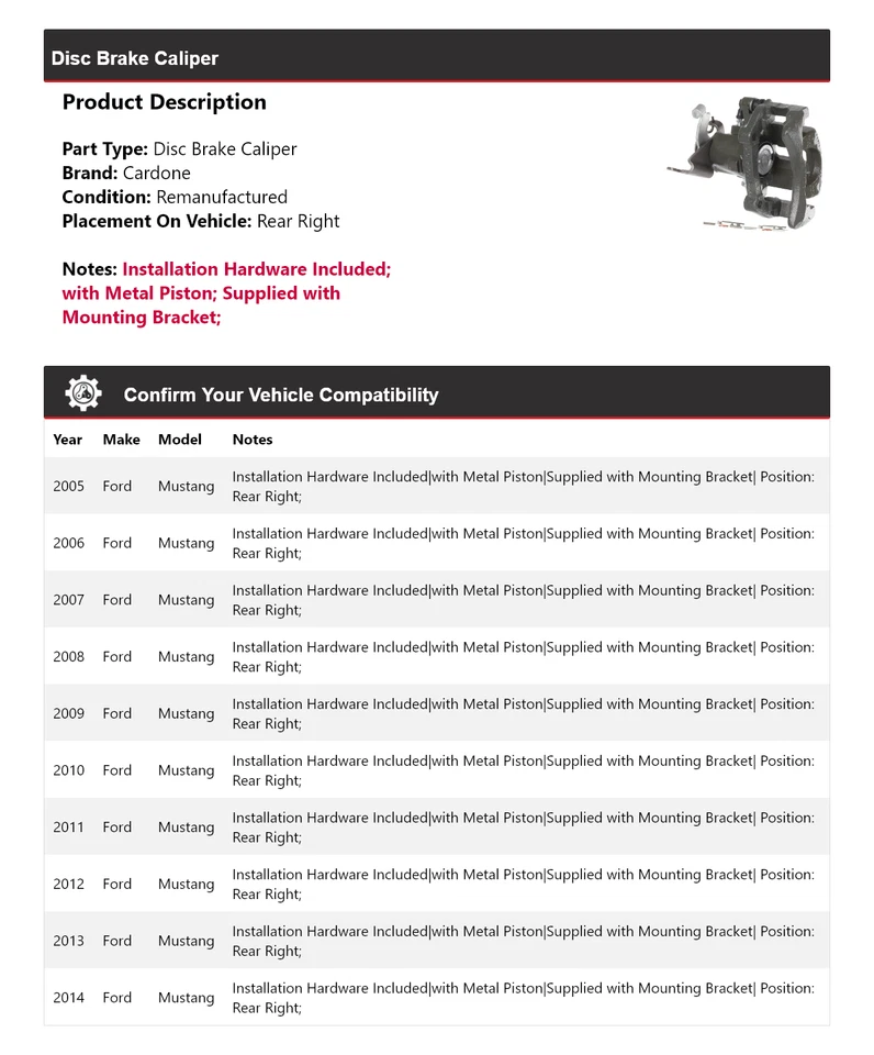 For 2005-2014 Ford Mustang Disc Brake Caliper Rear Right Cardone 2006 2007 2008 - Image 2 of 4