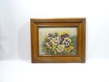 ANCIEN CADRE TABLEAU HUILE SUR PANNEAU BOIS PENSEES DECOR DE FLEURS OIL PAINTING