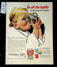 1942 Carnation Milk Im Off The Bottle Baby Girl W/Cup Vintage Print Ad 40659