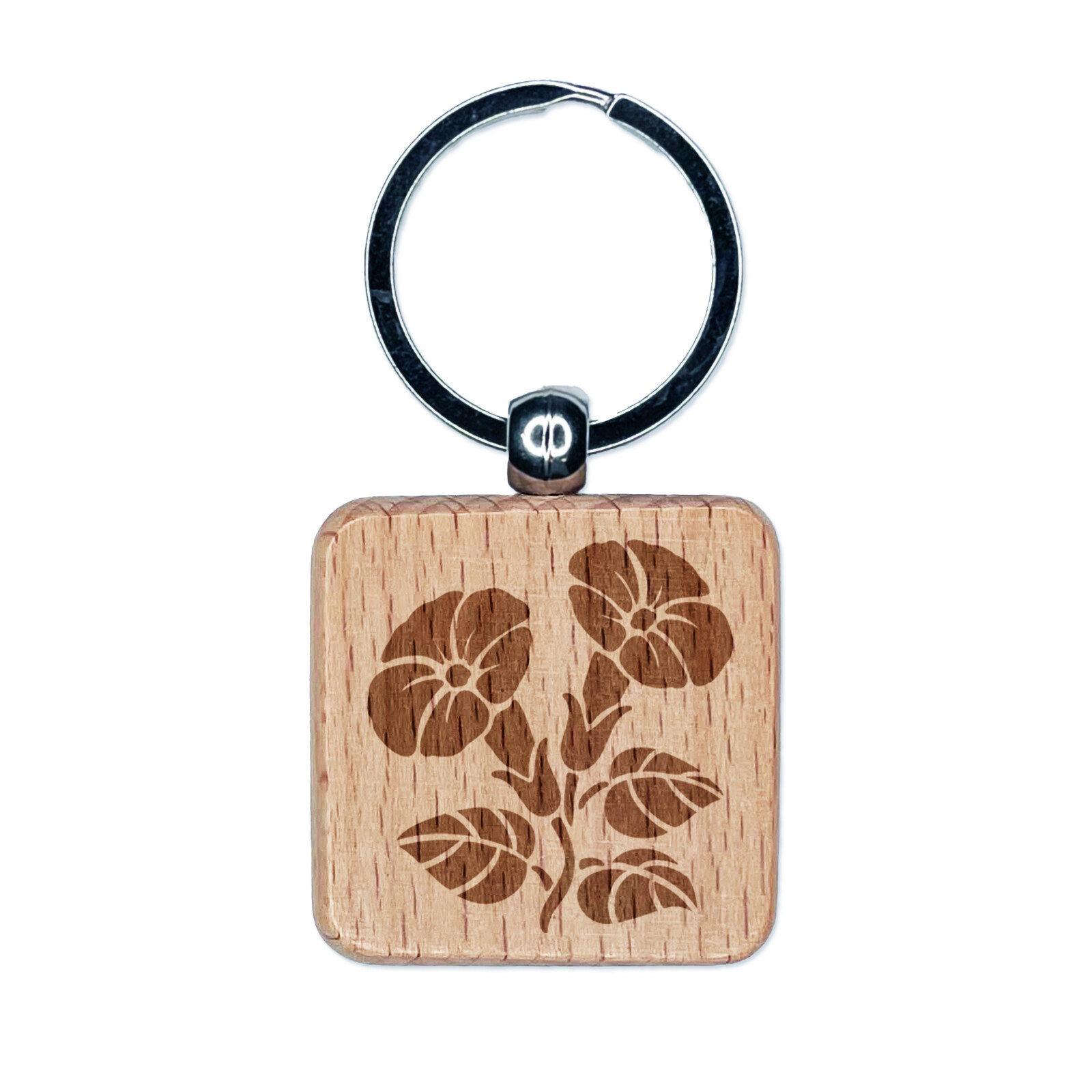 Morning Glory Floral Engraved Wooden Square Keychain Charm  