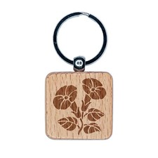 Morning Glory Flowers Engraved Wood Square Keychain Tag Charm