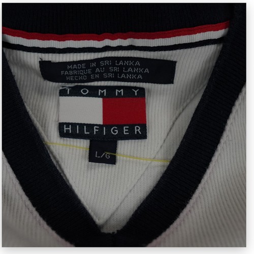 VTG Tommy Hilfiger Spell Out Sweatshirt Mens Large Off White Red Blue Stripes - Picture 3 of 11