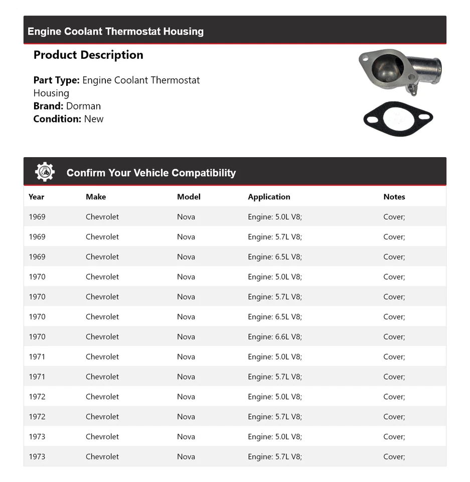 Carcasa termostato refrigerante motor Chevrolet Nova Dorman 1969-1973 1970 1971 Foto 2 de 4