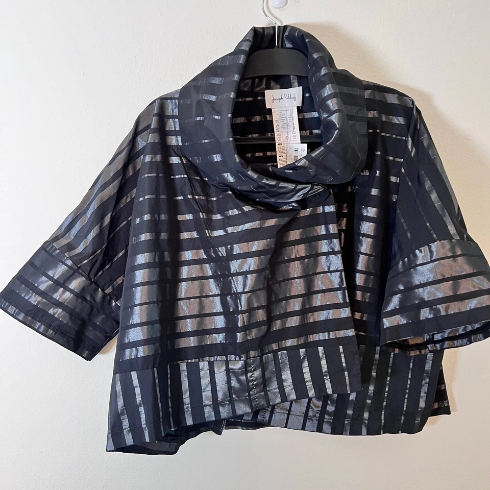NWT Joseph Ribkoff Noir Black & Silver Striped Button Front Cropped Jacket 10 - Image 2 of 4