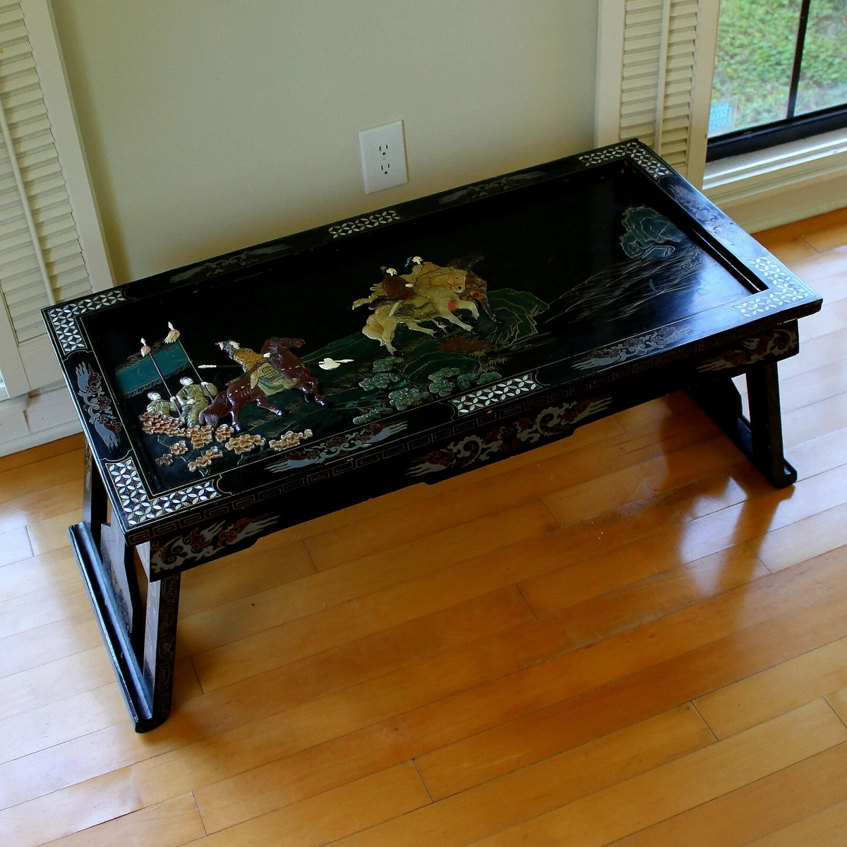 Old Tianjin Chinese Carved Inlaid Coromandel Lacquer Folding Table