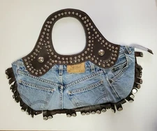 Blue Denim Jean Handbag Purse Studs Fringe (Made from Levi's) Zip Biker BOHO