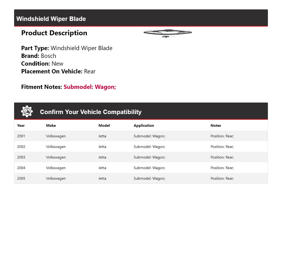 Limpiaparabrisas para Volkswagen Jetta Wagon Bosch 2001-2005 Excel+ trasero Foto 2 de 3
